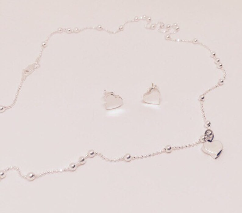 Pendant and Chain. Post Earrings Silver Heart Set Sterling Silver 925 Earrings and Necklace set