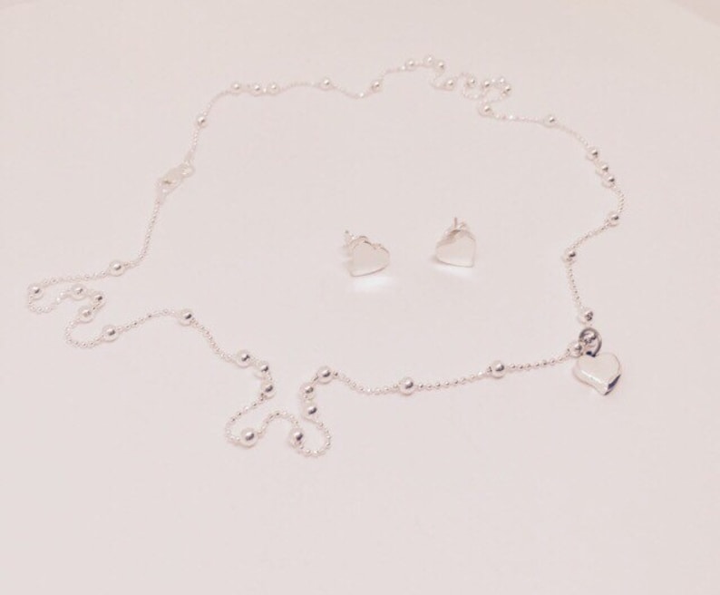 Pendant and Chain. Post Earrings Silver Heart Set Sterling Silver 925 Earrings and Necklace set