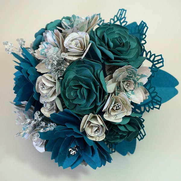 Paper Flower Bouquet for Wedding - Handmade Flowers with Stems in Peacock Blue, Teal & Cream