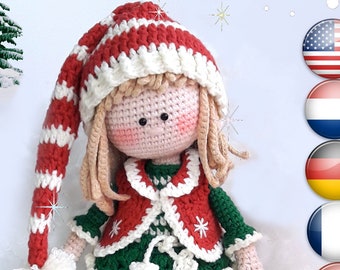 Amigurumi Christmas doll crochet pattern PDF for toy making Jovie,  the Christmas Elf