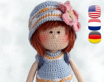 Patrón de muñeca de ganchillo Tutorial de juguete Amigurumi PDF Fabricación de muñeca linda Regalo para niña Sophie the Travel Blogger
