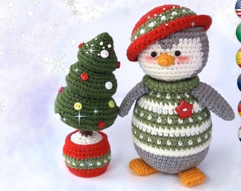 Christmas crochet pattern Amigurumi for decor or children's toy / Perry, The Christmas Penguin and Christmas tree