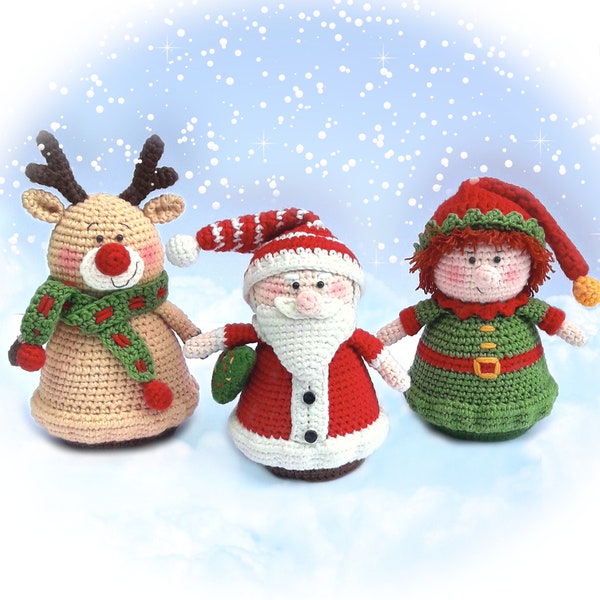Patron au crochet amigurumi Ensemble d'ornements de décorations de Noël - jouets Père Noël / Elfe auxiliaire / Renne