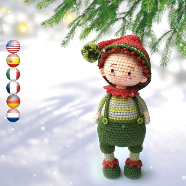 Patrón de muñeco amigurumi de crochet navideño Mateo el Duende de Navidad - Serie Bolas de Navidad