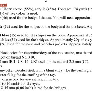 May include: Yarn and equipment list for a crochet cat project. The list includes yarn in various colors, a crochet hook, cotton thread, a sushi stick, polyester filling, a yarn needle, beads, and buttons.