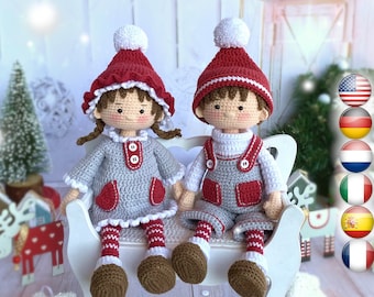 Amigurumi crochet pattern Christmas dolls,  girl and boy,  Eve and Noel,  the Winter Sweethearts, pattern PDF instant download