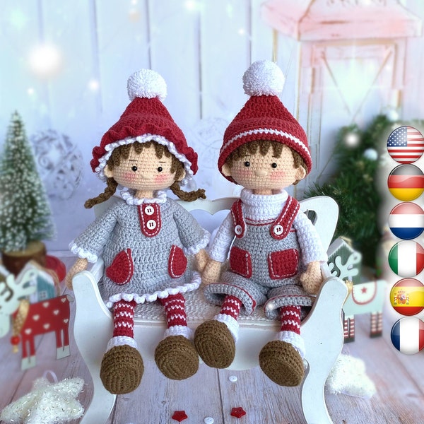 Patrón amigurumi crochet muñecos navideños, niña y niño, Eva y Noel, los Novios de Invierno, patrón PDF descarga instantánea
