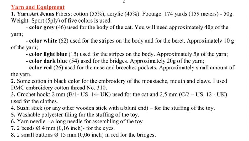 May include: Yarn and equipment list for a crochet cat project. The list includes yarn in various colors, a crochet hook, cotton thread, a sushi stick, polyester filling, a yarn needle, beads, and buttons.