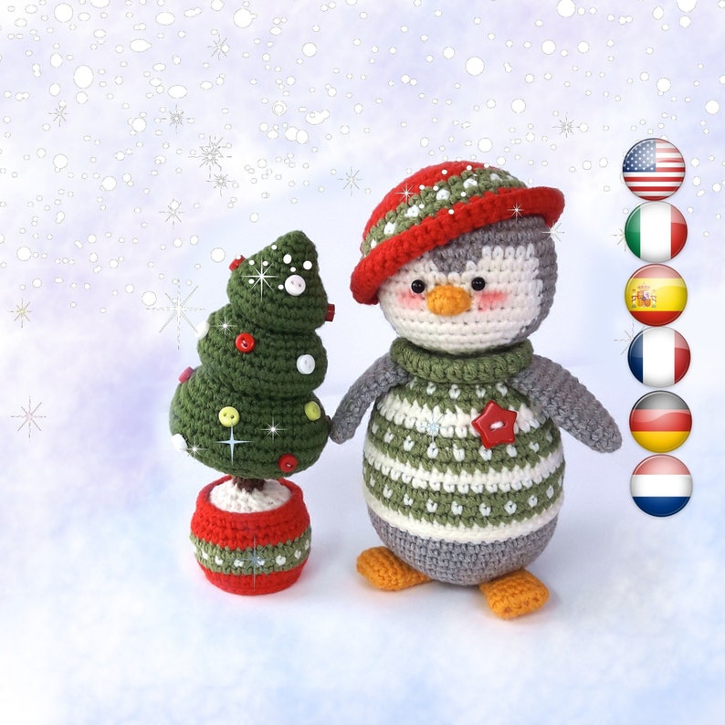 Christmas crochet pattern Amigurumi for decor or children's toy / Perry, The Christmas Penguin and Christmas tree image 1