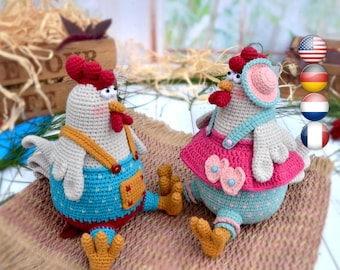 Patron au crochet amigurumi coq et poule, Rudy & Henny les claquettes colorées, décoration de Pâques au crochet