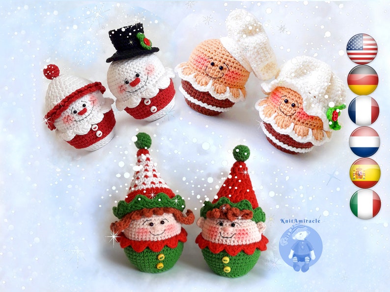 Crochet pattern Amigurumi Snowman Christmas Elf / Gnome Gingerbread Christmas Decorations ornament Set toys cupcakes image 1