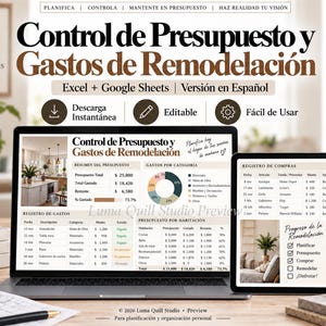 May include: A digital home renovation budget and expense tracker template for Excel and Google Sheets. The screen displays tables for budget summaries, expense logs, and purchase records in Spanish, featuring a pie chart and room-by-room cost breakdowns.