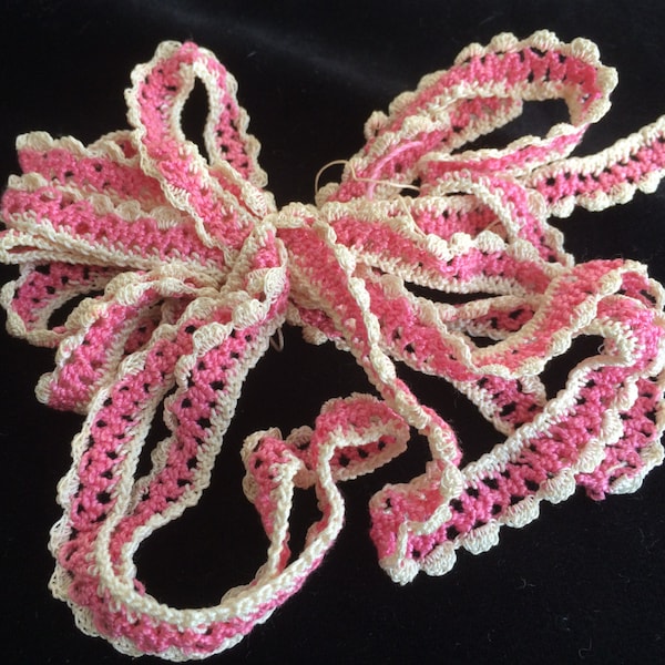 Yardage Vintage Hand Crochet Lace Trim Pink and White 1/2 inch wide