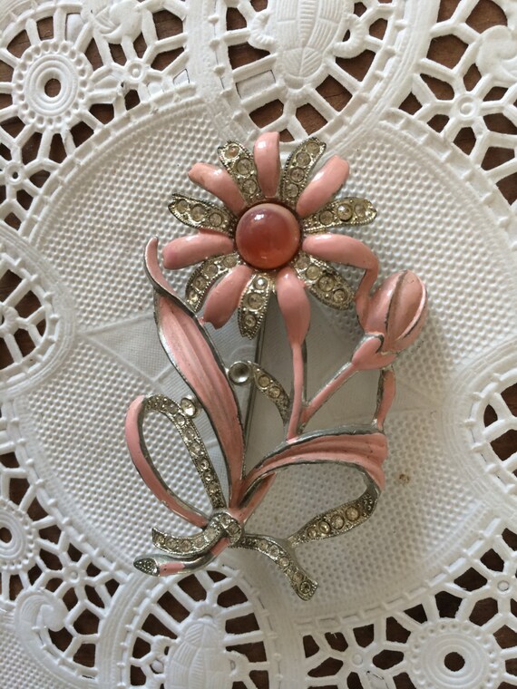1930s Pink Enamel Art Deco Moonstone Flower Brooch