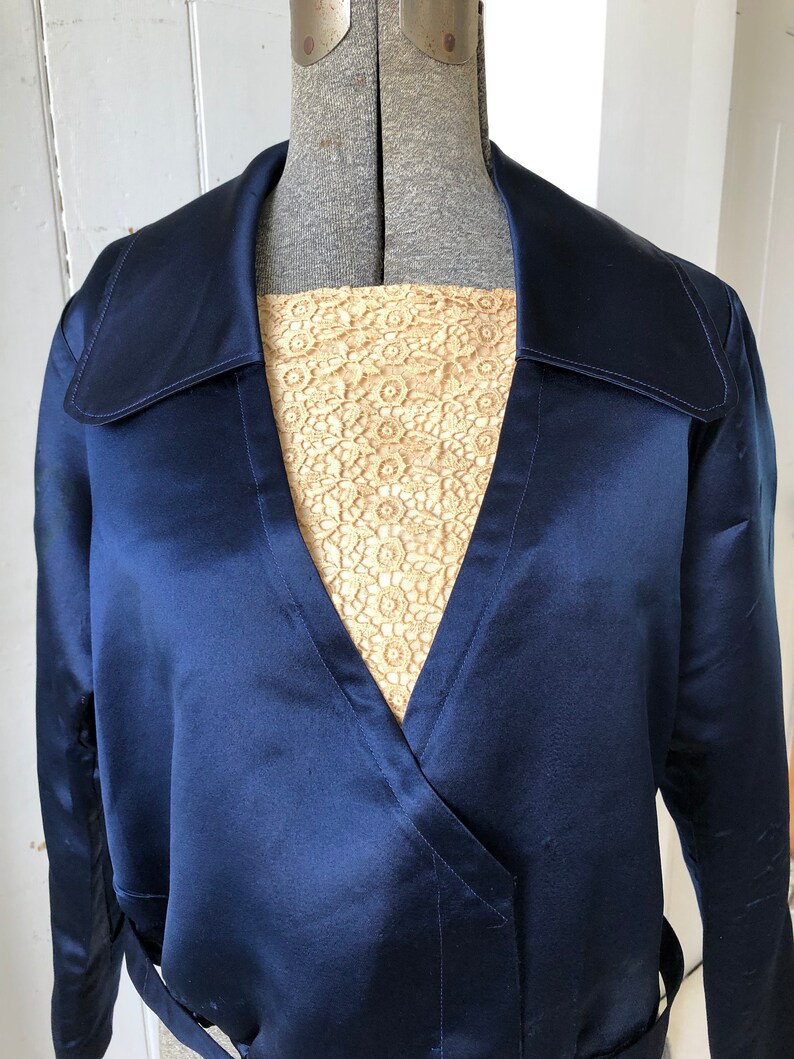 1910s Navy Silk Satin Bodice Blouse Top Lace Insert Titanic Era Medium