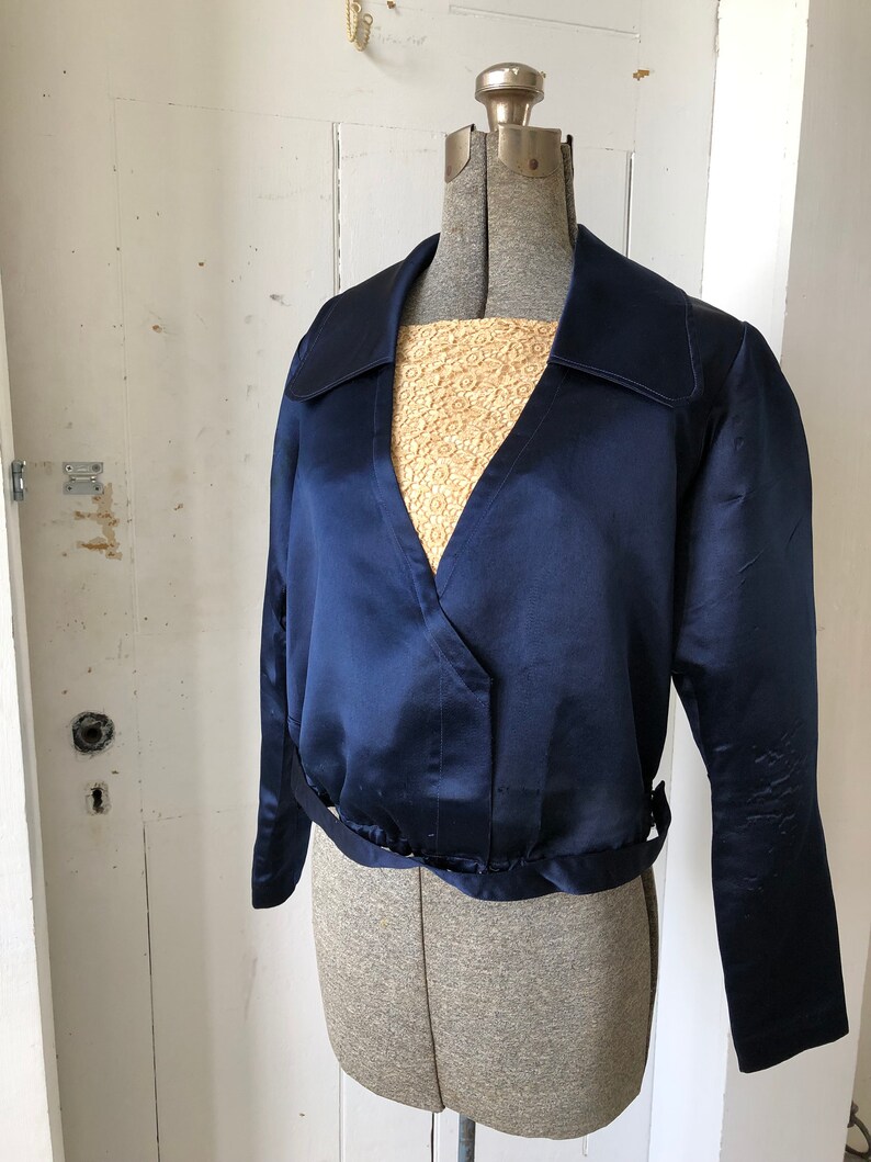1910s Navy Silk Satin Bodice Blouse Top Lace Insert Titanic Era Medium