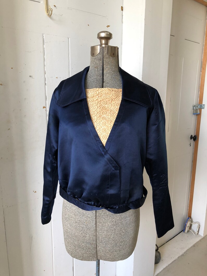 1910s Navy Silk Satin Bodice Blouse Top Lace Insert Titanic Era Medium