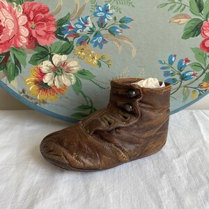 Victorian Leather Brown Button up Shoe Shelf Sitter Folk Decor