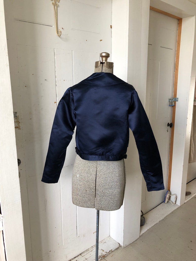 1910s Navy Silk Satin Bodice Blouse Top Lace Insert Titanic Era Medium