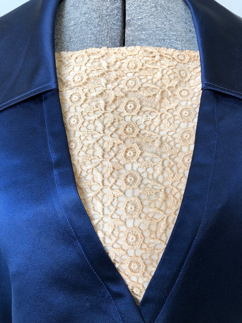 1910s Navy Silk Satin Bodice Blouse Top Lace Insert Titanic Era Medium