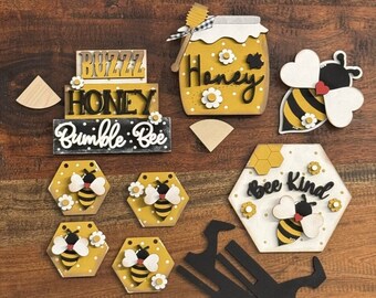 Honey Bee Tiered Tray 5 Piece Set - Spring, Garland, Bumble Bee, Fully Painted or DIY, Do It Yourself or Ready to Display, Gift Idea