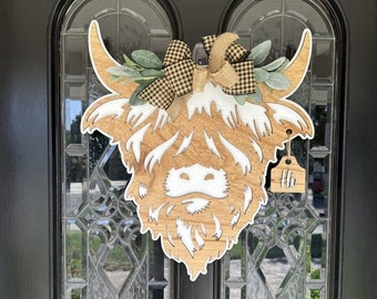 Highland Cow Door Hanger with Tag, Farmhouse Decor, Cow Head, Home Decor, Decoration, Wood, Cutout Cut Out, DIY, Wreath, Gift Idea