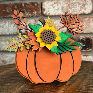 Fall Floral Pumpkin Shelf Sitter, Halloween, Fall, Pumpkin, Decoration, Leaves, Home Decor, Craft, DYI, Unfinished wood kit, Thanksgiving