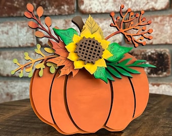 Fall Floral Pumpkin Shelf Sitter, Halloween, Fall, Pumpkin, Decoration, Leaves, Home Decor, Craft, DYI, Unfinished wood kit, Thanksgiving