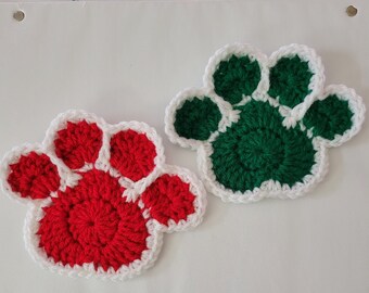 Paw Print Coaster Set of 4 Crochet Coasters.  Handmade great for animal lovers /dog/cat/puppy/kitty/bear