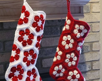 Christmas Stocking, Handmade Crochet-African Flower Motif.  Home decor, First Christmas, Hang on Fireplace, Baby Shower Gift. Granny square