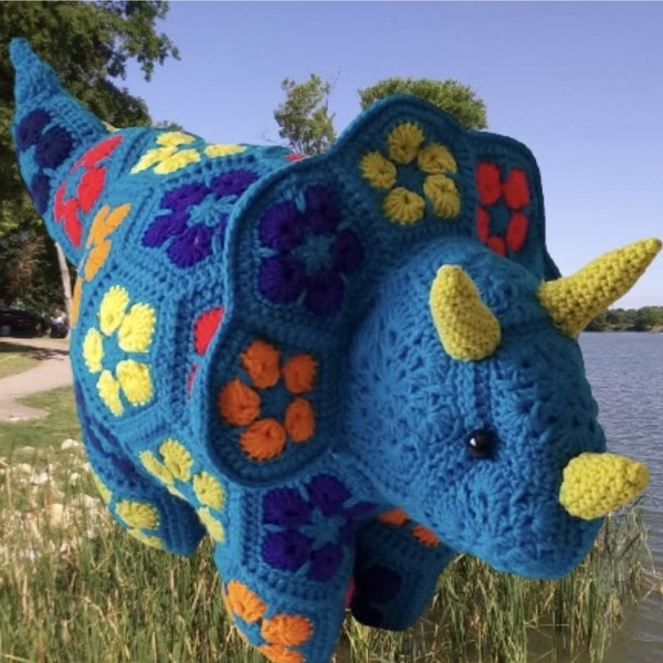 Triceratops, Wyoming state Dinosaur, Plod is a Crochet Stuffed Animal. African flower motif, Childs Room, Animal lovers' gift, Home Decor