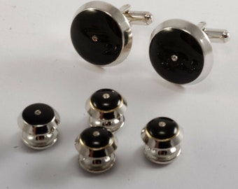 Formal Fashion Wear Cuff Links & Studs Rhodium plated black stone w Rhinestone