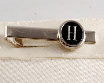 Vintage Tie Clip Tie Clasp Letter H Silver Plated Black Glass Small TieClip USA NOS 1960's