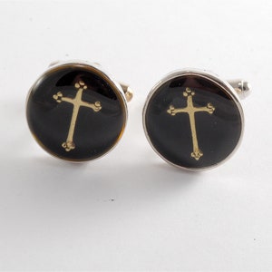 Embedded Cross In Acrylic Cuff Links Silver Tone Gold On Black  Round  New Old Stock A