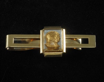 Pince à cravate vintage en verre taille-douce, tête de soldat romain, laiton plaqué or, fermoir pince à cravate NSA