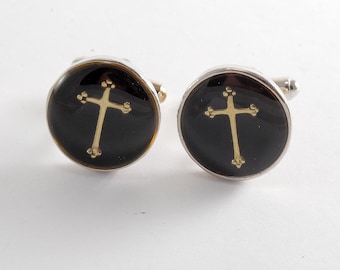 Embedded Cross In Acrylic Cuff Links Silver Tone Gold On Black  Round  New Old Stock A