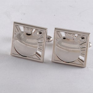 Gemelli vintage Swank in argento con disegno astratto dell&#39;era atomica, da uomo o da donna, in ottone placcato argento, coppia di gemelli usati USA