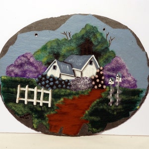 Vintage Slate Sign Hand Painted White House Picket Fence 9&quot; x 11&quot; Signed Peg Smith 98