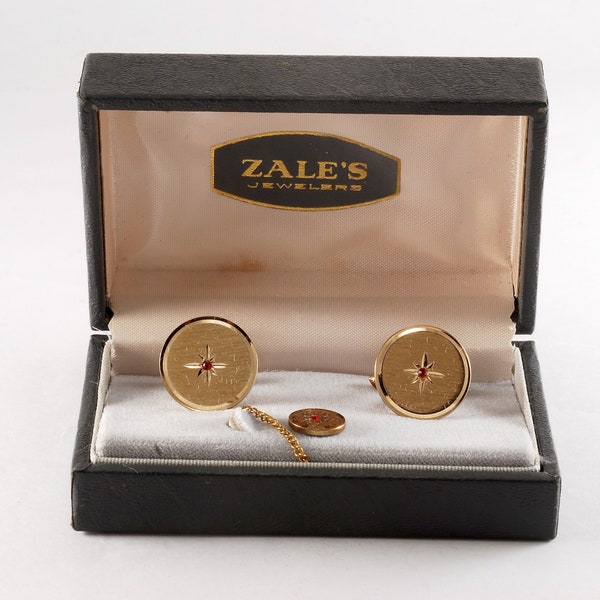 Vintage ZALES Cuff Links Tie Tack Set Gold Plated Brass w Red Gem in Original Box USA