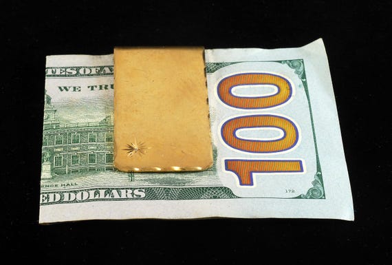 Vintage Money Clip Starburst W Rhinestone Dull Gold Plated Brass