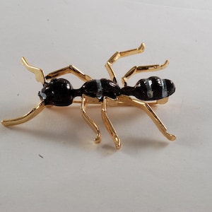May include: A gold-toned metal ant brooch with a black body and white stripes. The ant's legs and antennae are also gold. The brooch is a decorative accessory, suitable for adding a touch of nature-inspired flair to clothing or accessories.