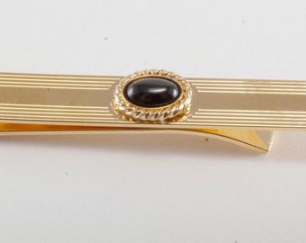 Vintage Hayward Tie Clip Gold Plated Brass w Black Jet Glass Cabochon NOS Signed
