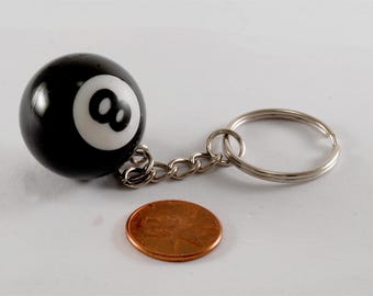 Vintage Black and White 8 EIGHT BALL on Keyring Key Chain New Old Stock Key Ring.