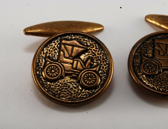 Very Old Cuff Links  Antique Auto Car Brass Chain… - image 2