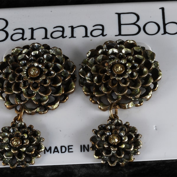 Vintage Banana Bob Earrings Bronze Plated & Yellow Rhinestone NOS On Card USA