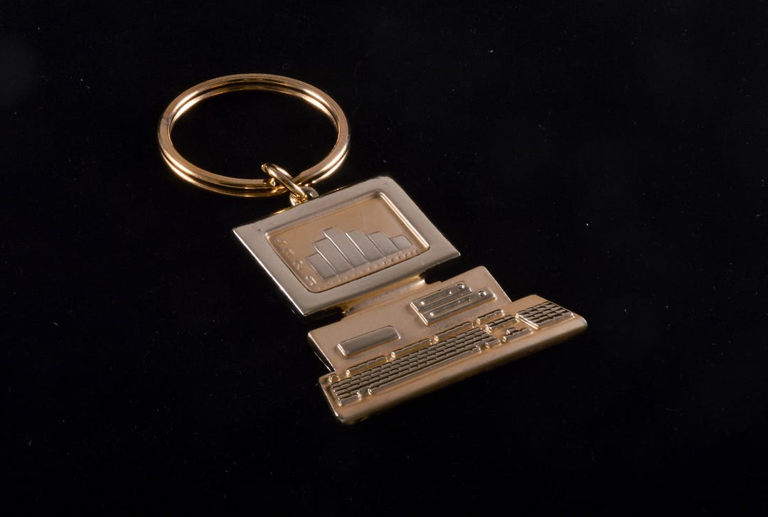 Computer Key Ring PC Computer Keychain Gold Plated Brass New Old Stock ...
