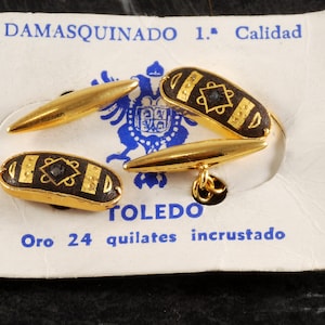 Vintage DAMASQUINADO Gemelos TOLEDO Gemelos incrustados de oro de 24 quilates Nuevo en tarjeta
