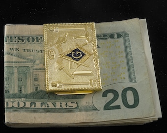 Vintage MASON MASONIC Money Clip Gold Plated Brass & Enamel Moneyclip NOS