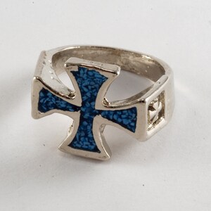 GOTHIC CROSS  Statement Ring  Blue Inlay On Silver Plated Brass Fashion Jewelry 1980&#39;s New Old Stock