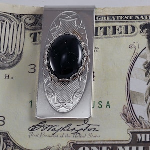 Vintage Black Onyx On Silver Tone Metal Etched Design Money Clip New Old Stock